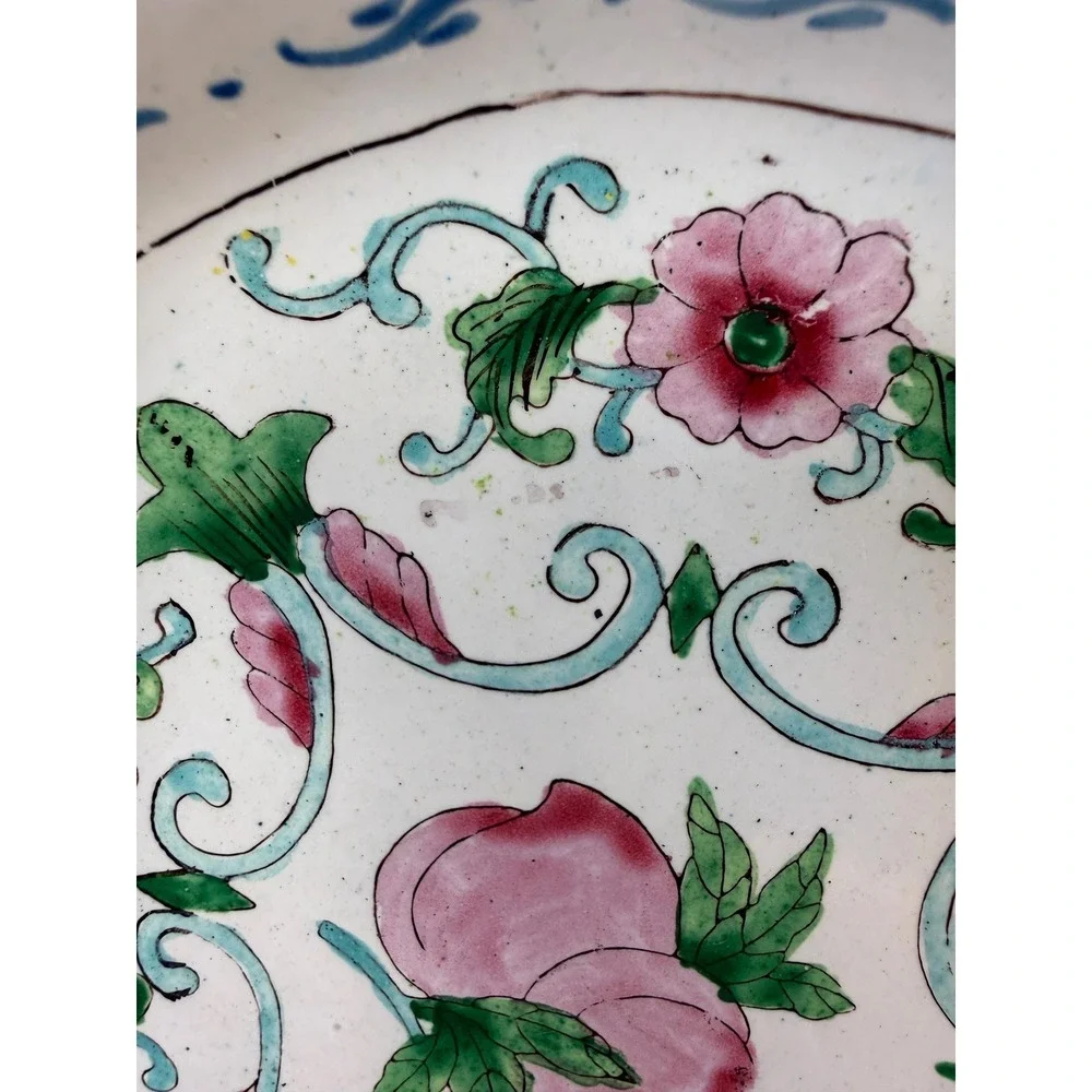 Pair Vintage Chinese Canton Enamel Copper Plates Peach Floral 6